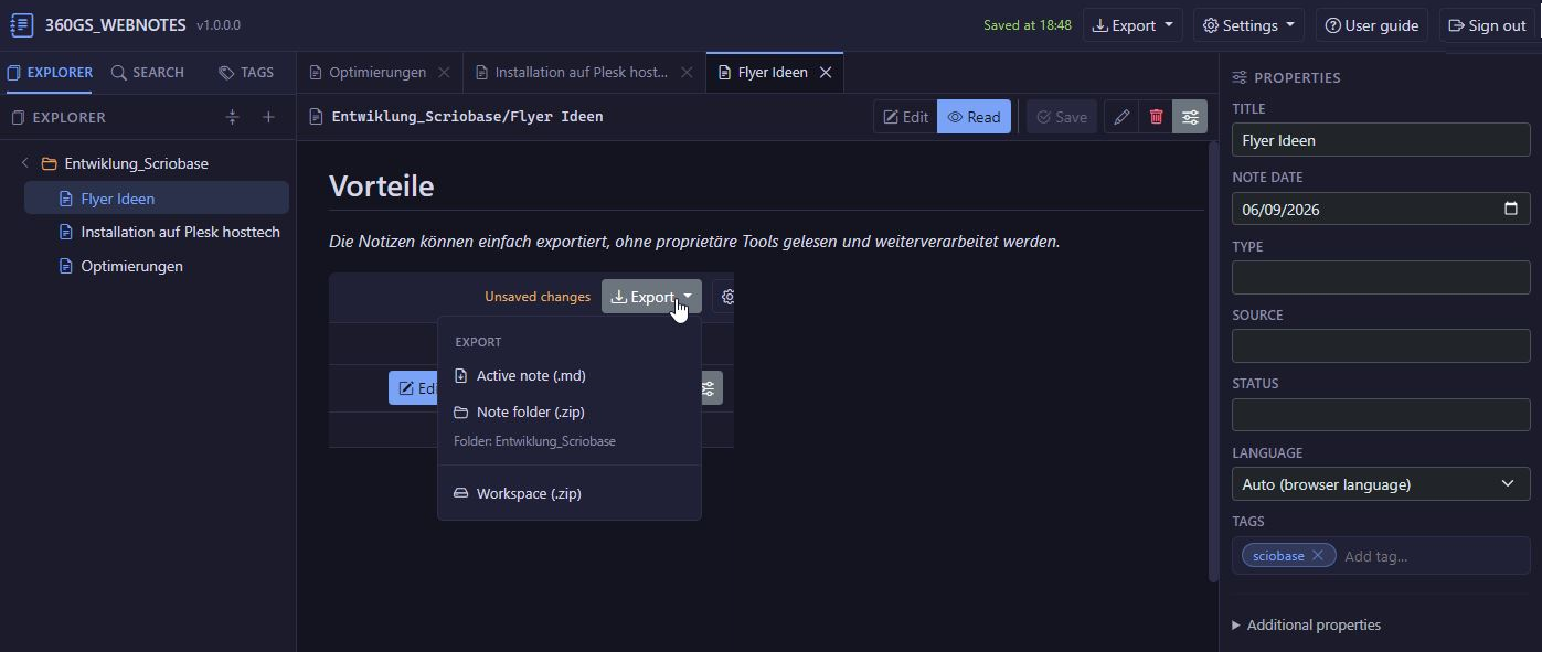 Screenshot der ScioBase-Oberfläche: Notizen, Ordner und Suche im Überblick